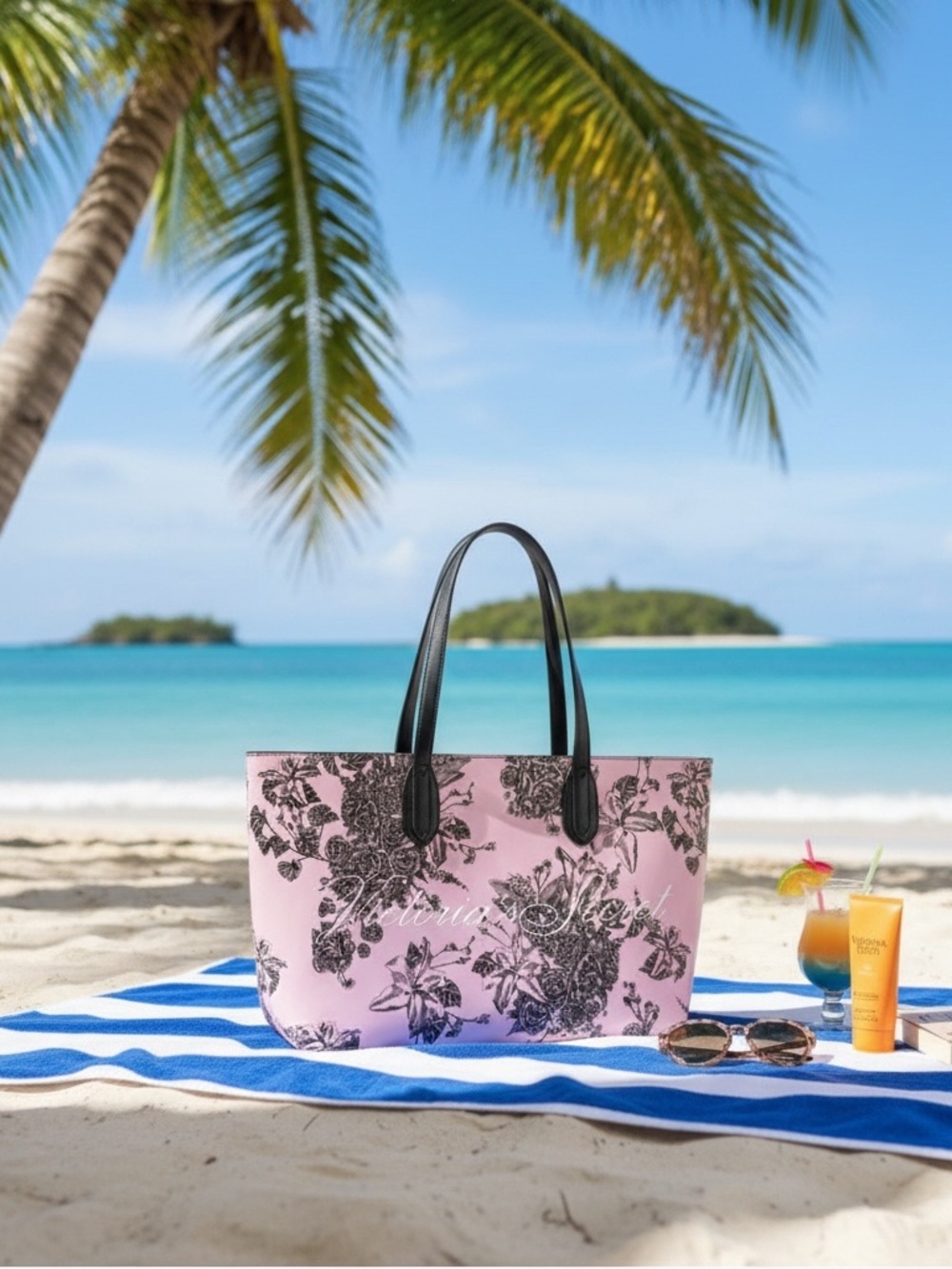 Victoria's Secret Pink Floral Tote with Black Handles